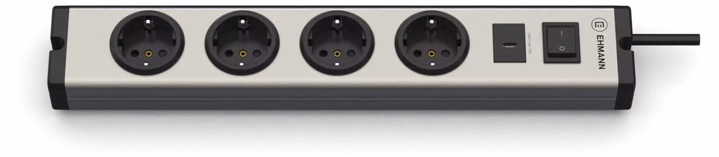 EHMANN 0601x0g052031, ciabatta multipresa, alluminio, 4 prese + 1 porta USB-C