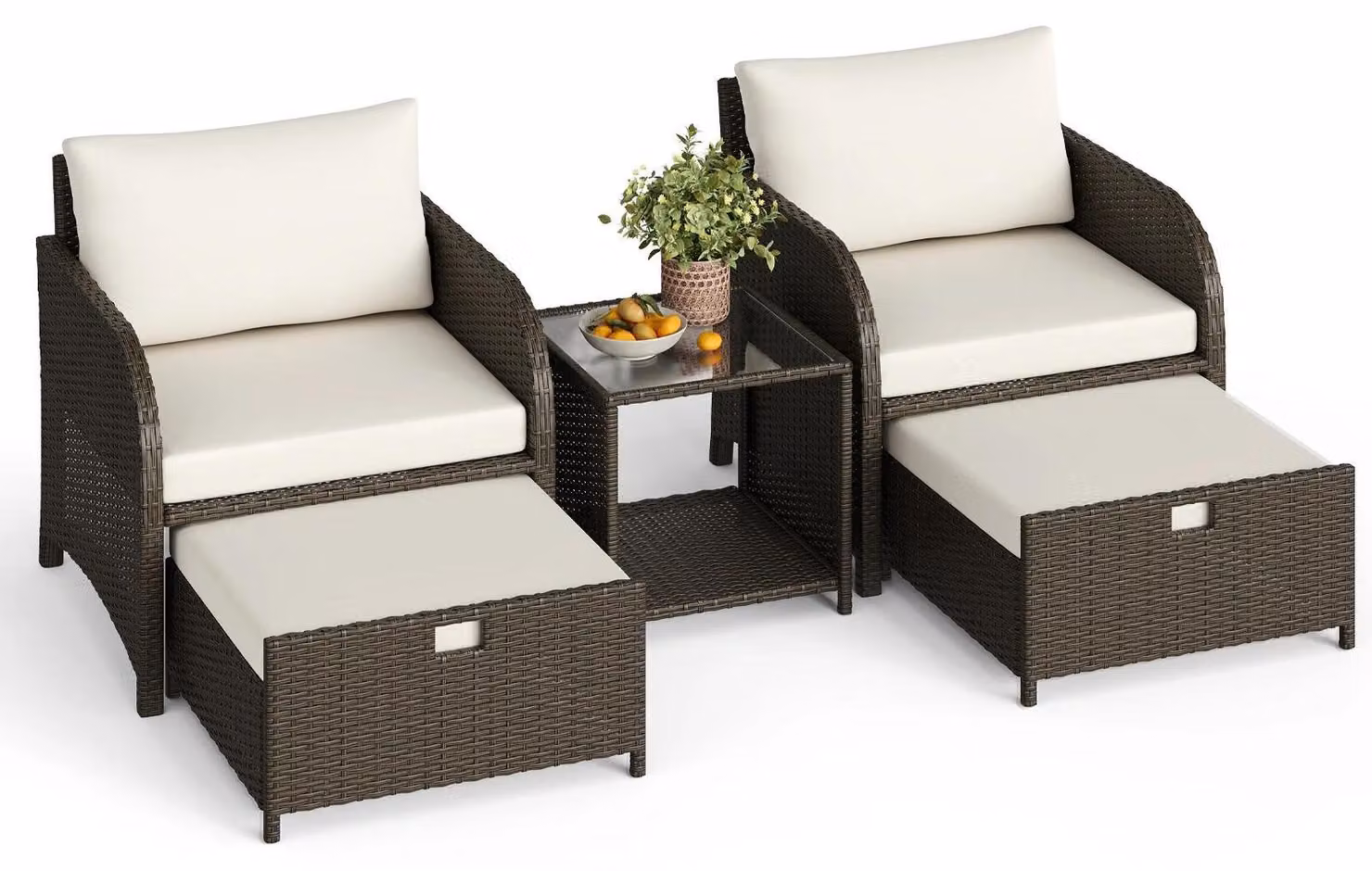 Set di mobili da giardino in polirattan - Set lounge da 5 pezzi - Gruppo sedute per 2 persone - Con poltrone, poggiapiedi e tavolino in vetro - Ideale per terrazza, balcone o piscina - Cuscini beige