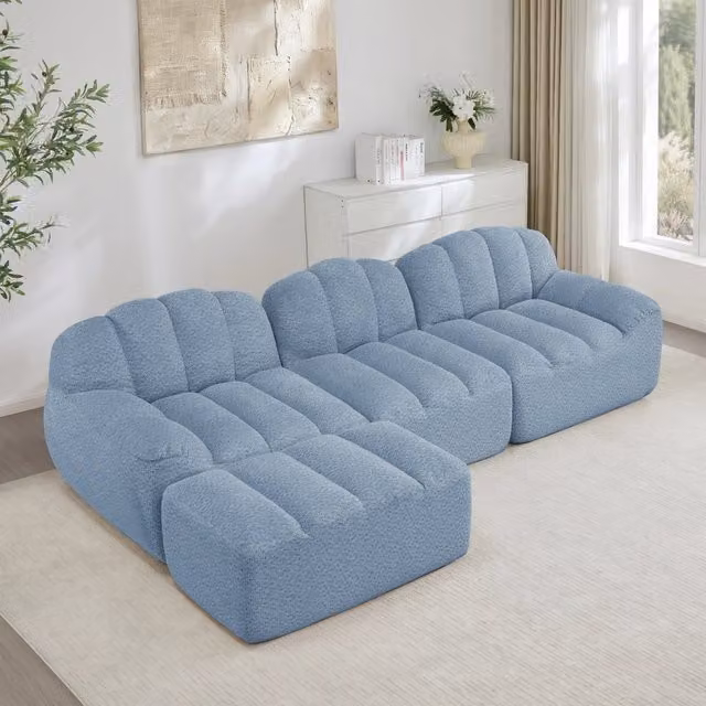 Divano Angolare Modulare 3 Posti con Poggiapiedi ¨C MINIMAL ¨C Tessuto Morbido Blu