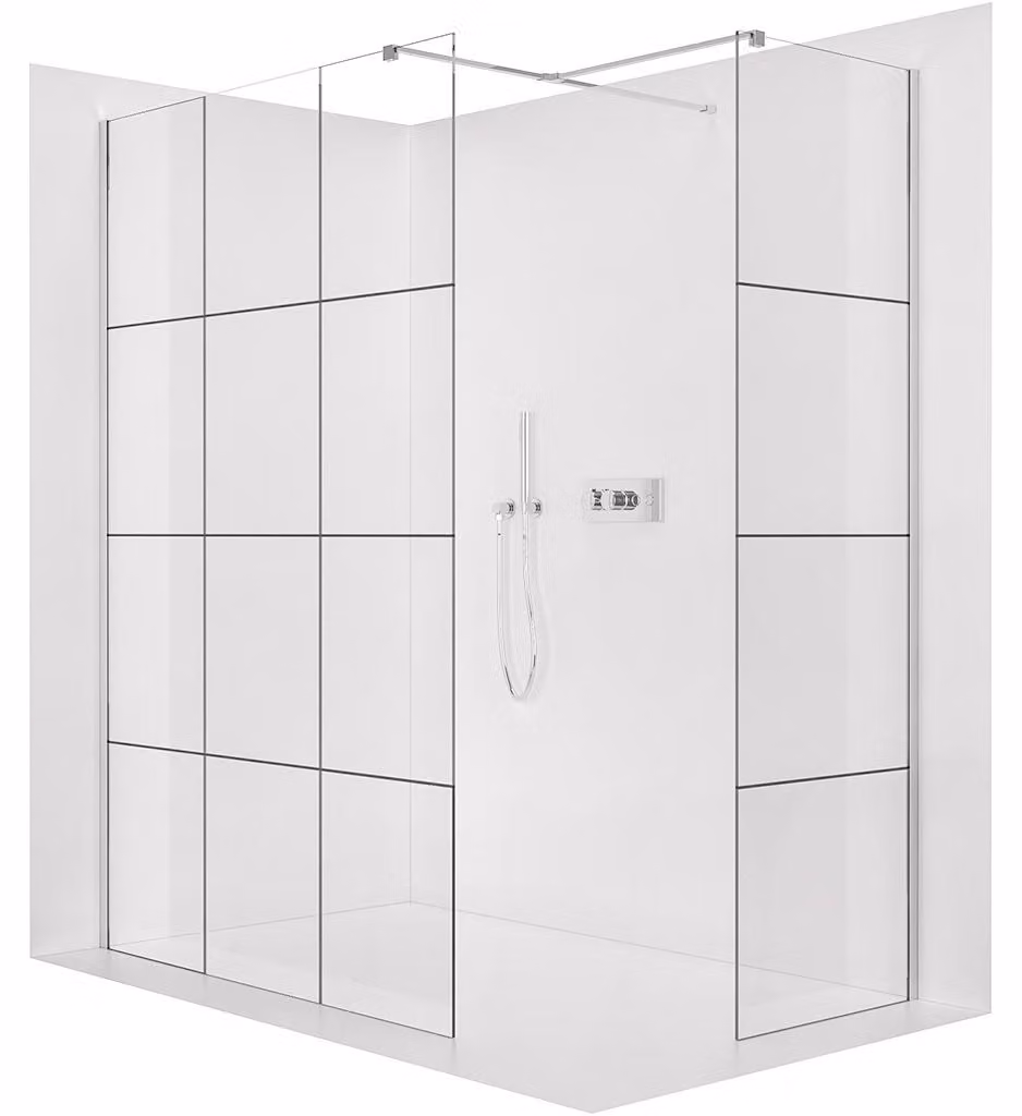 CERANO - Box doccia Walk-in Onyx T L/P - 8 mm - montante squadrato - cromato, vetro industriale - 150x140x200 cm