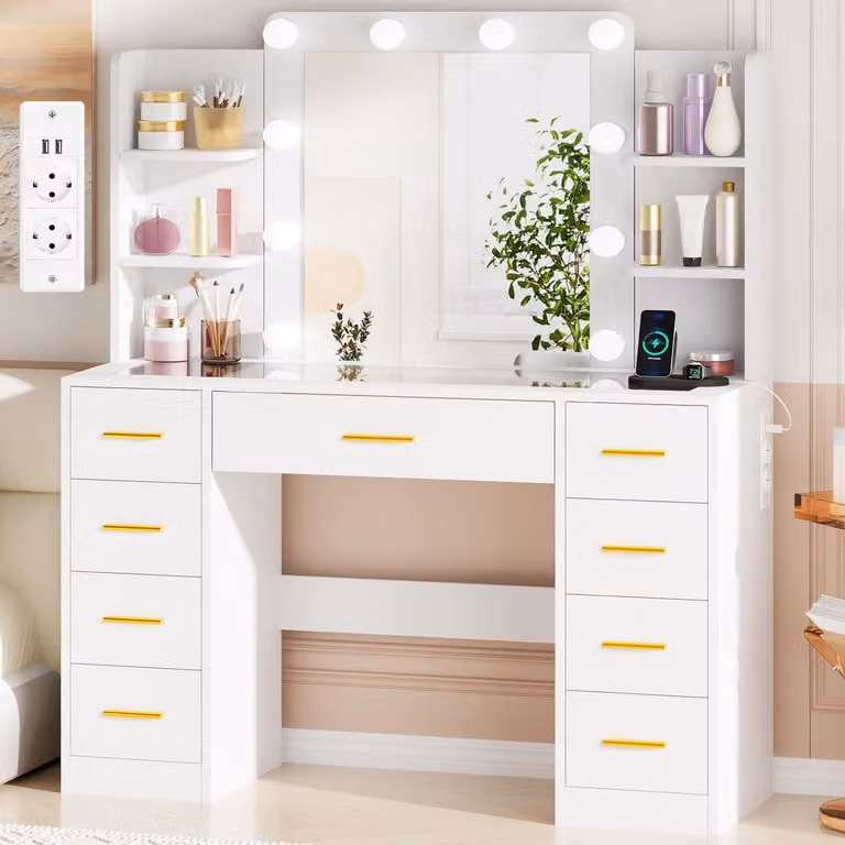 Comò da trucco con illuminazione a LED, specchio, prese di corrente, piano in vetro, 9 cassetti, 4 ripiani, colore bianco, dimensioni 105x40x140 cm