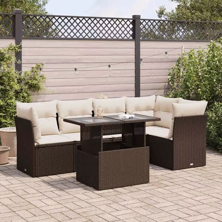 Set Divano da Giardino a L vidaXL 6 Pezzi con Tavolino in Vetro e Cuscini Imbottiti Marrone e Bianco