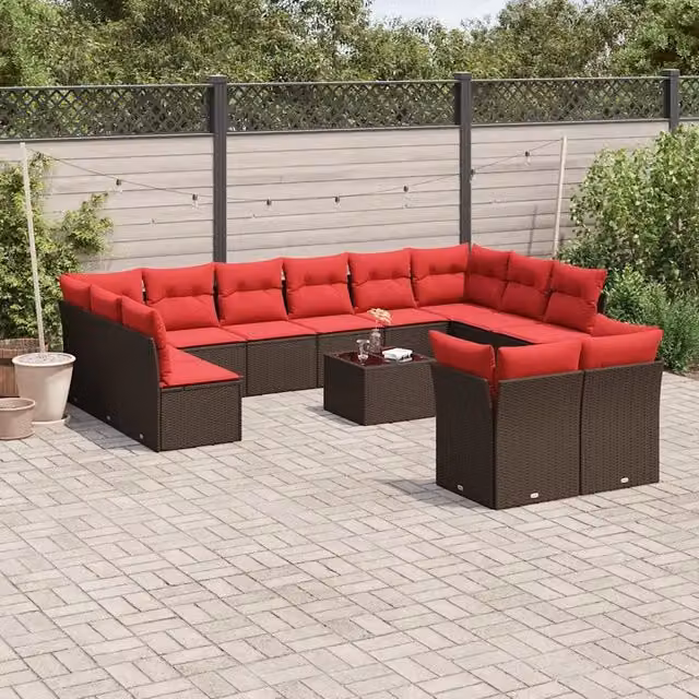 Set Divani da Giardino a Forma di U vidaXL con Cuscini Marroni e Tavolino in Vetro