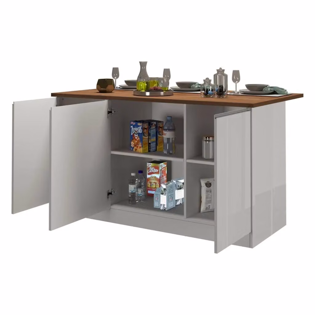 Isola da cucina Tartaro DMORA con 3 ante e ripiani interni, Bianco lucido e Rovere, L: 155 cm, P: 90 cm, H: 90 cm – 2