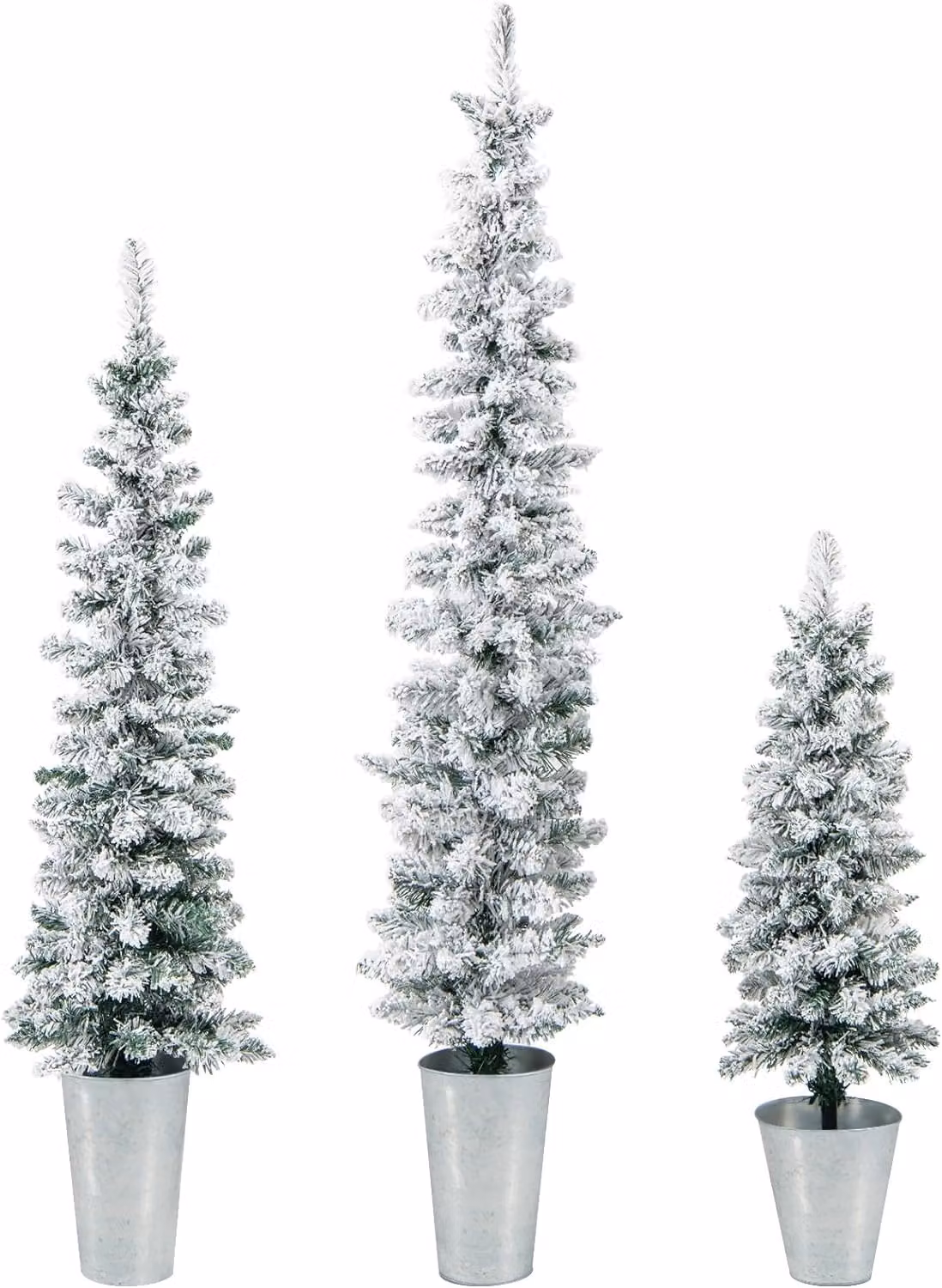 COSTWAY 3er albero di Natale artificiale con neve, 90+120+150cm, albero di Natale a matita con base in metallo, albero di Natale artificiale, per negozi casa ufficio, verde e bianco