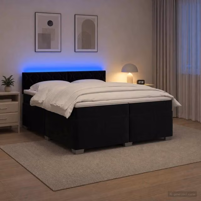 Letto con Box Spring e Materasso Ibrido vidaXL in Velluto Nero con Illuminazione LED e Porte USB L/P: 200 x 200 cm – 1
