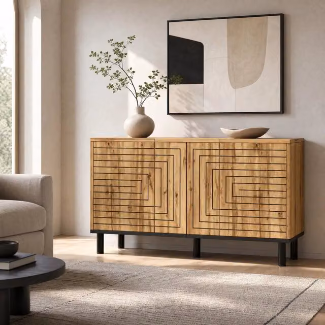 Credenza bassa moderna in MDF e truciolare con 3 ante a onde color marrone, L: 120 cm, P: 35 cm, H: 68 cm