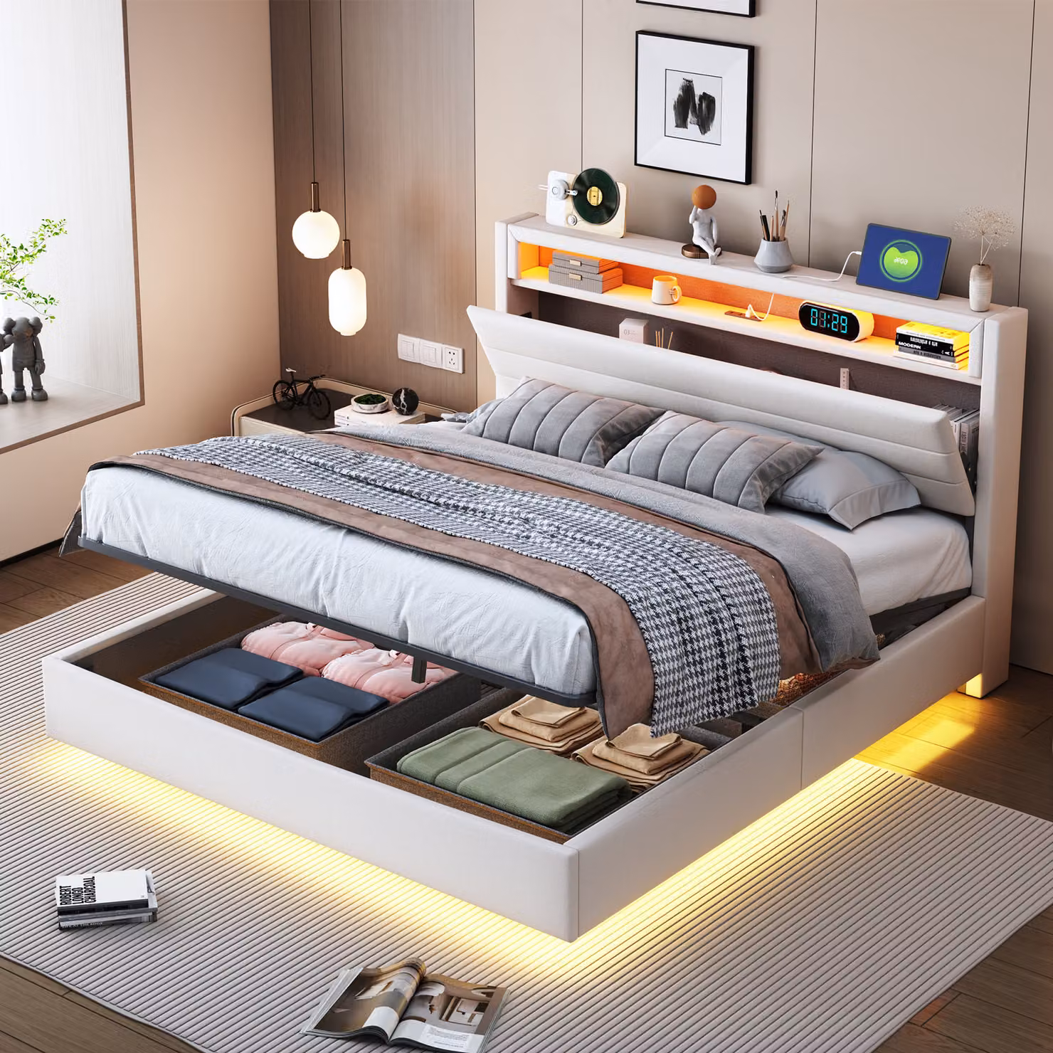 Letto imbottito Flieks 140x200cm con LED e USB, letto matrimoniale con testata ribaltabile, letto a molle idrauliche, biancheria, beige