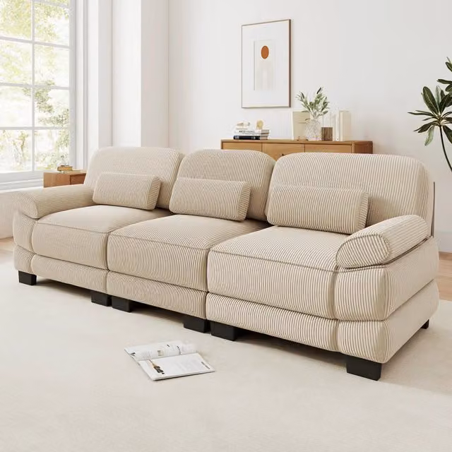 Divano modulare a 3 posti in velluto a coste beige; 265 x 88;5 x 94 cm