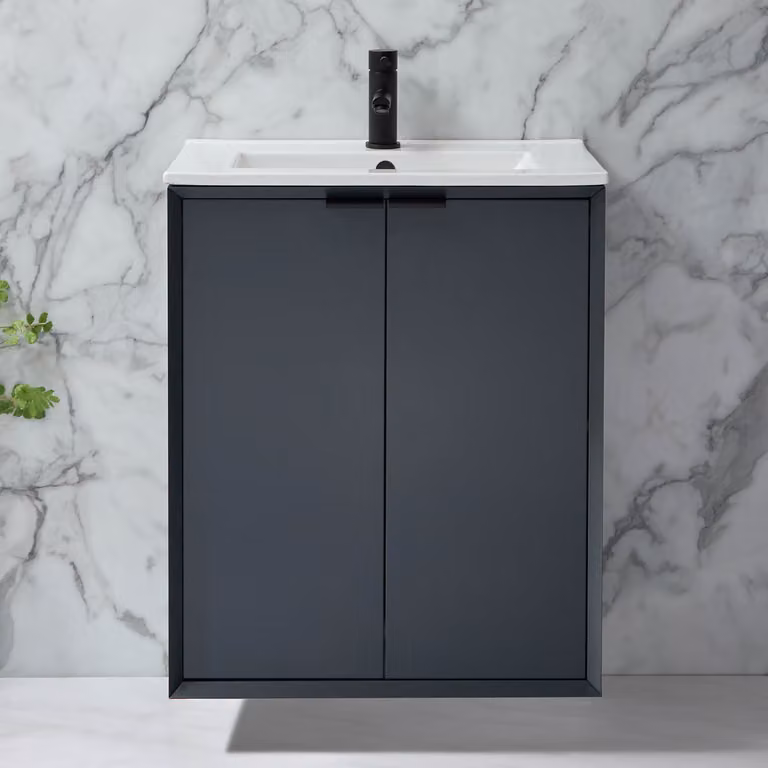 Mobile Bagno Sospeso Antracite 610mm con Lavabo e Maniglie Nere con Impugnatura a Dito - Edge