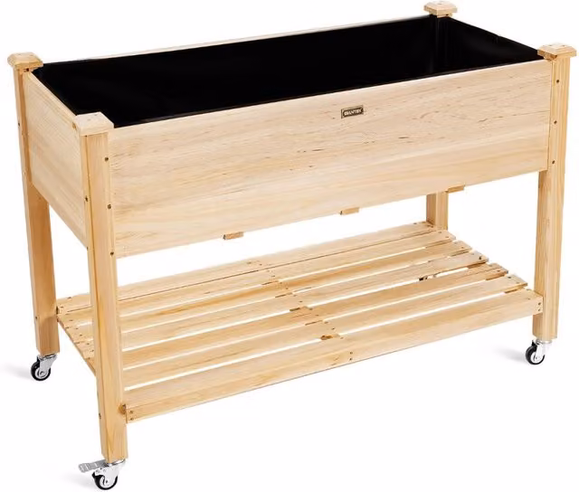 Fioriera mobile rialzata DESIGN IN in legno marrone con ruote bloccabili e rivestimento protettivo per orto e giardino L: 120 cm, P: 59 cm, H: 84 cm