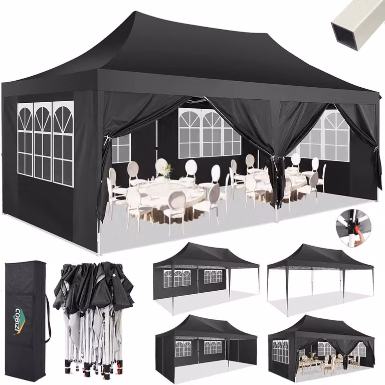 Gazebo da esterno 3x6 metri, impermeabile, stabile, con 6 pannelli laterali, protezione UV, colore nero
