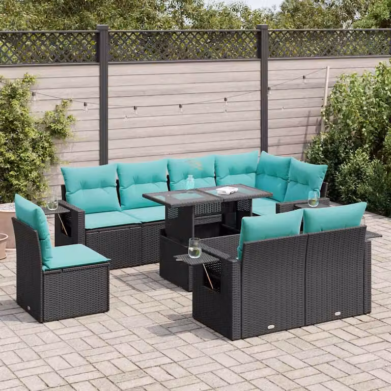Set Divani da Giardino vidaXL 9 pz in Polyrattan con Cuscini e Tavolino, Forma a U, Colore Nero, Blu e Turchese