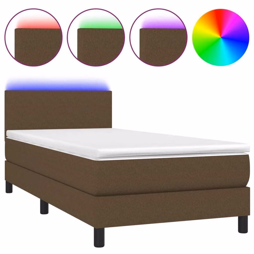 Letto a Molle Materasso e LED Marrone Scuro 90x190cm in Tessuto