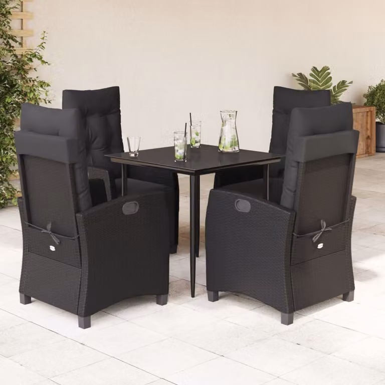 Set da Pranzo da Giardino vidaXL 5 pz in Polyrattan Nero con Piano in Vetro e Cuscini