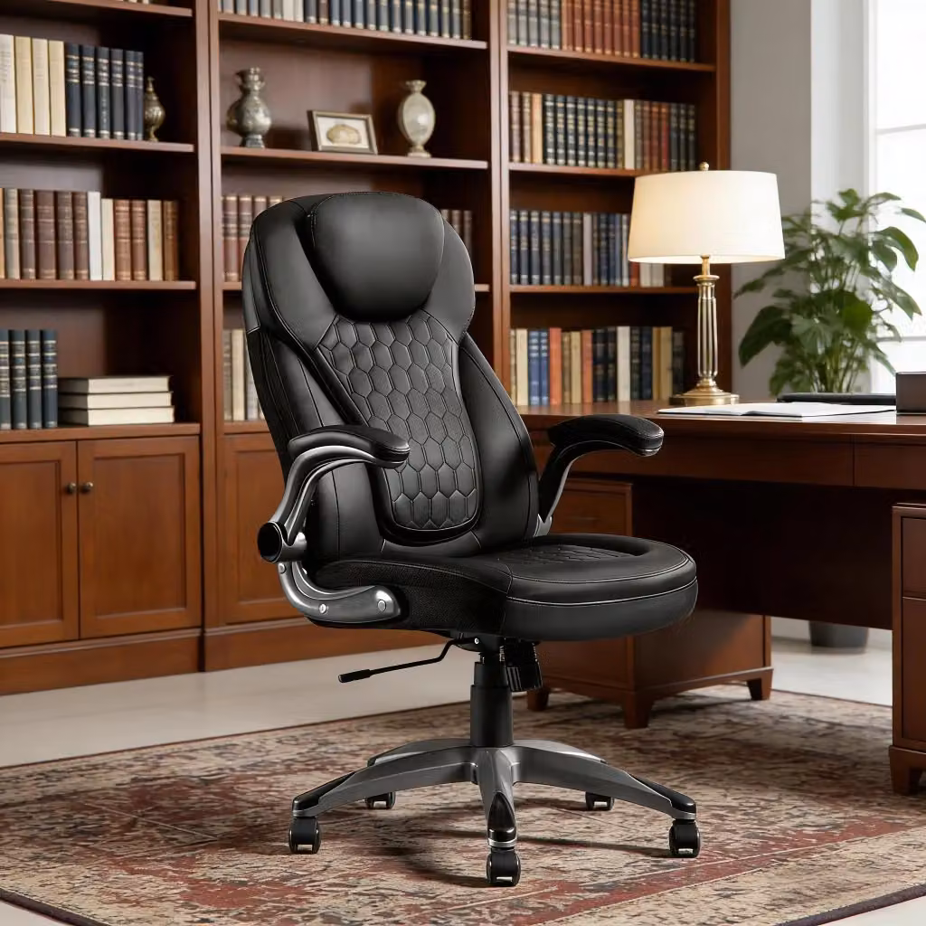 Sedia Ufficio Ergonomica WISHDOR Nera in Finta Pelle con Schienale Alto, Poggiatesta e Braccioli Ribaltabili – 2