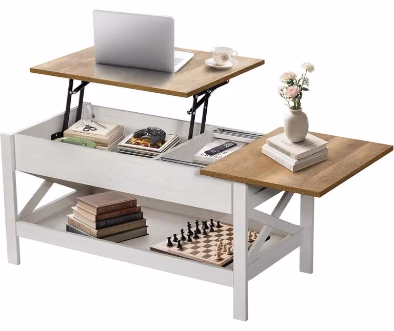Tavolino da divano, bianco, in legno, con altezza regolabile, spazio contenitivo e struttura a forma di "X"