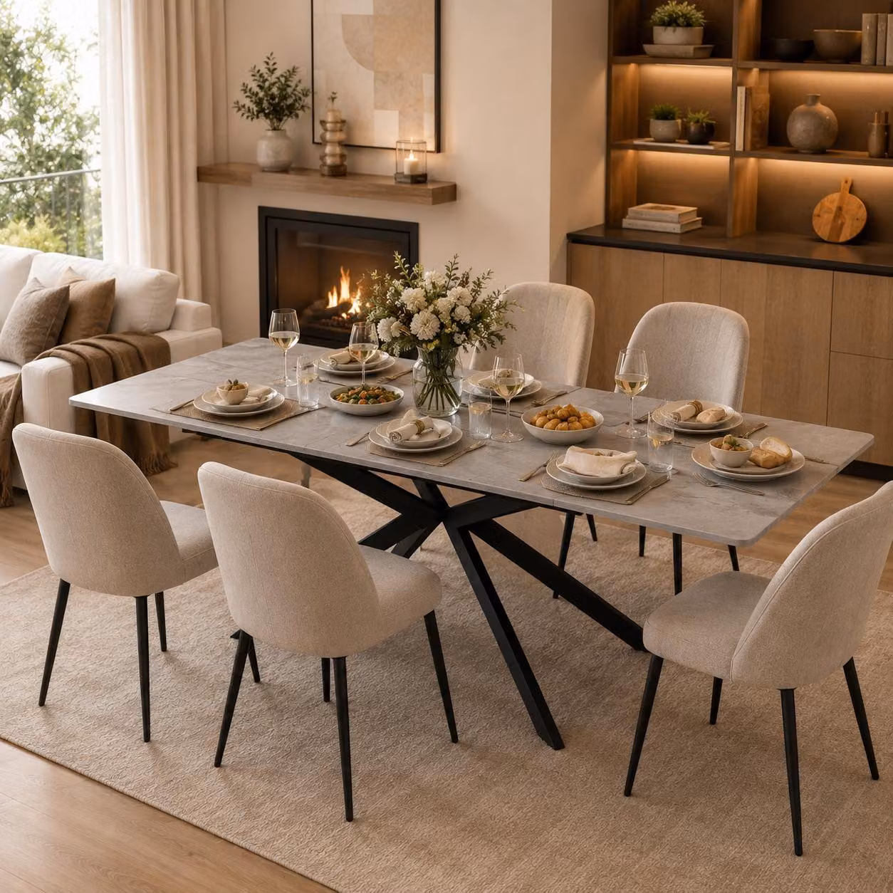 Tavolo da pranzo allungabile, dimensioni 150/180 x 70 x 76 cm, tavolo rettangolare con design a incrocio, allungabile automaticamente, motivo cemento, colore nero e grigio, realizzato in MDF