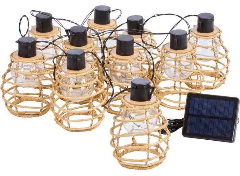 SMART SOLAR, set di luci solari Lumina, 10 lanterne in rattan artificiale, luce bianco caldo, 4,7 metri, senza cavi, con pannello solare separato
