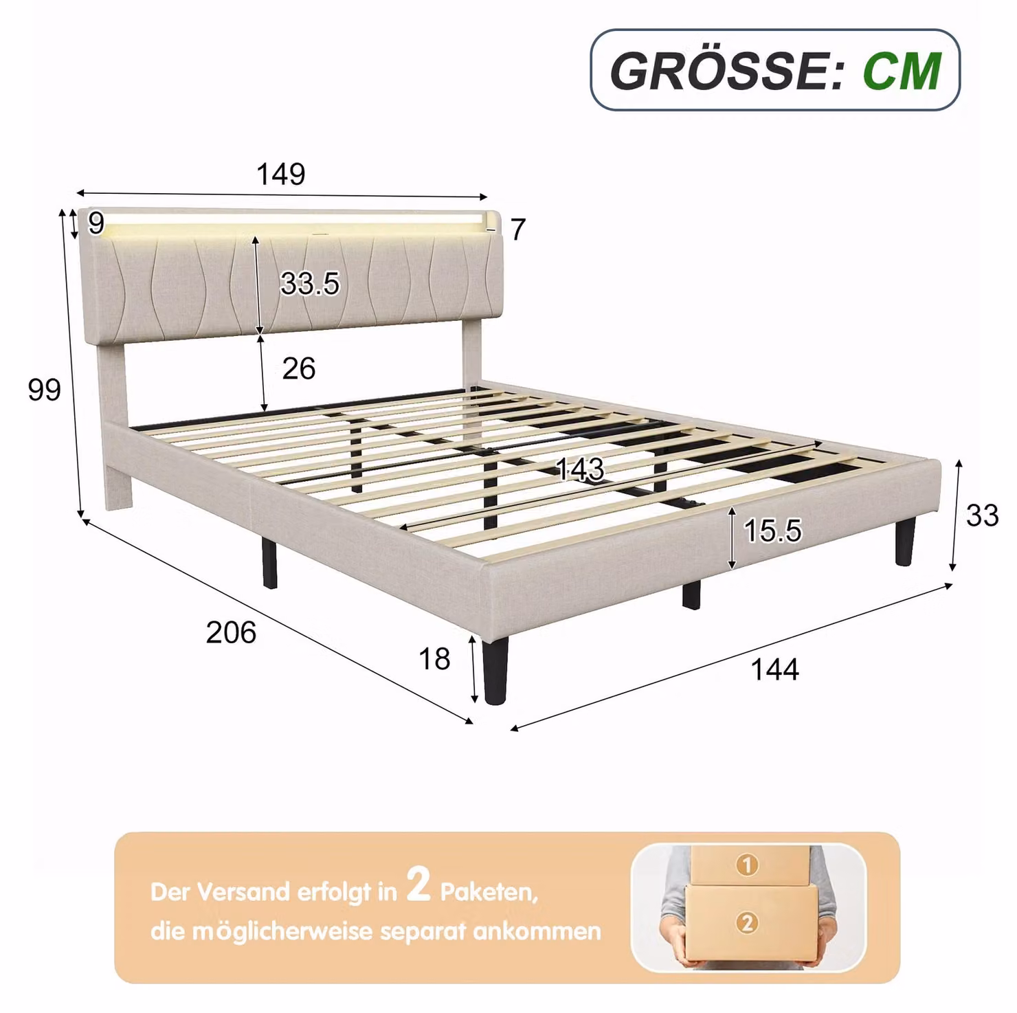 Struttura del letto imbottita - 140 x 200 cm - Rivestimento in lino - Poggiatesta - Retino letto - Spazio contenitivo - Beige