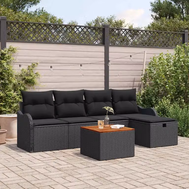Set Divano da Giardino vidaXL 6 Pezzi in Polyrattan Nero con Cuscini e Tavolino