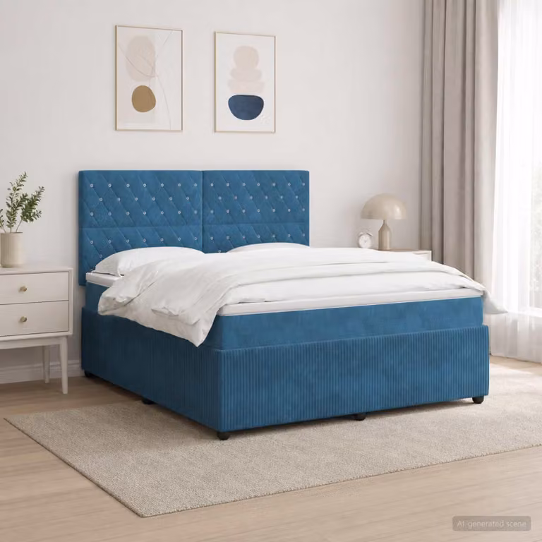 Letto a molle insacchettate con box e materasso, colore blu, in velluto, dimensioni 140 x 200 cm