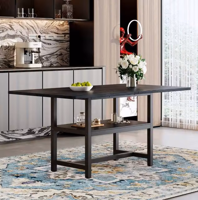Tavolo da pranzo rettangolare nero 160x90x76 cm con ripiano multifunzionale, per 4-6 persone, design industriale