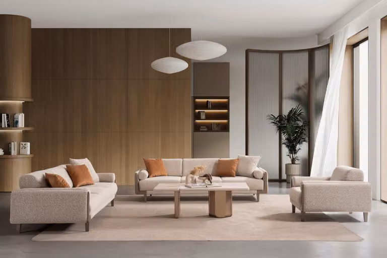Divano componibile: 2 divani a 3 posti, 1 poltrona. Design moderno, colore beige, lussuoso. Set di divani