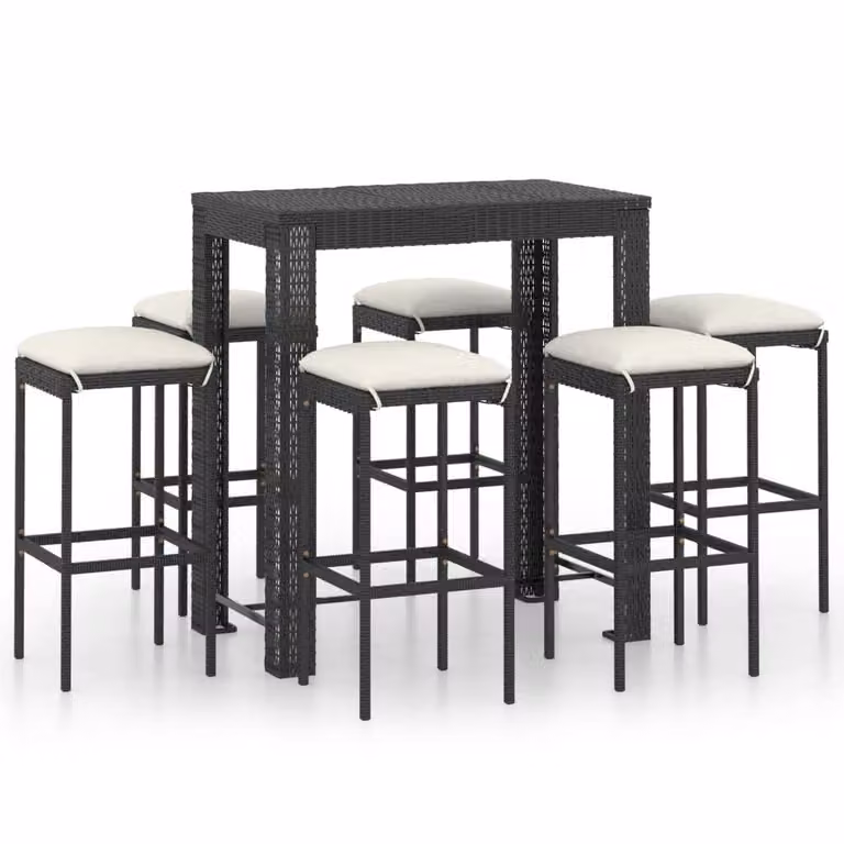 Set Bar da Giardino 7 pz con Cuscini in Polyrattan Nero
