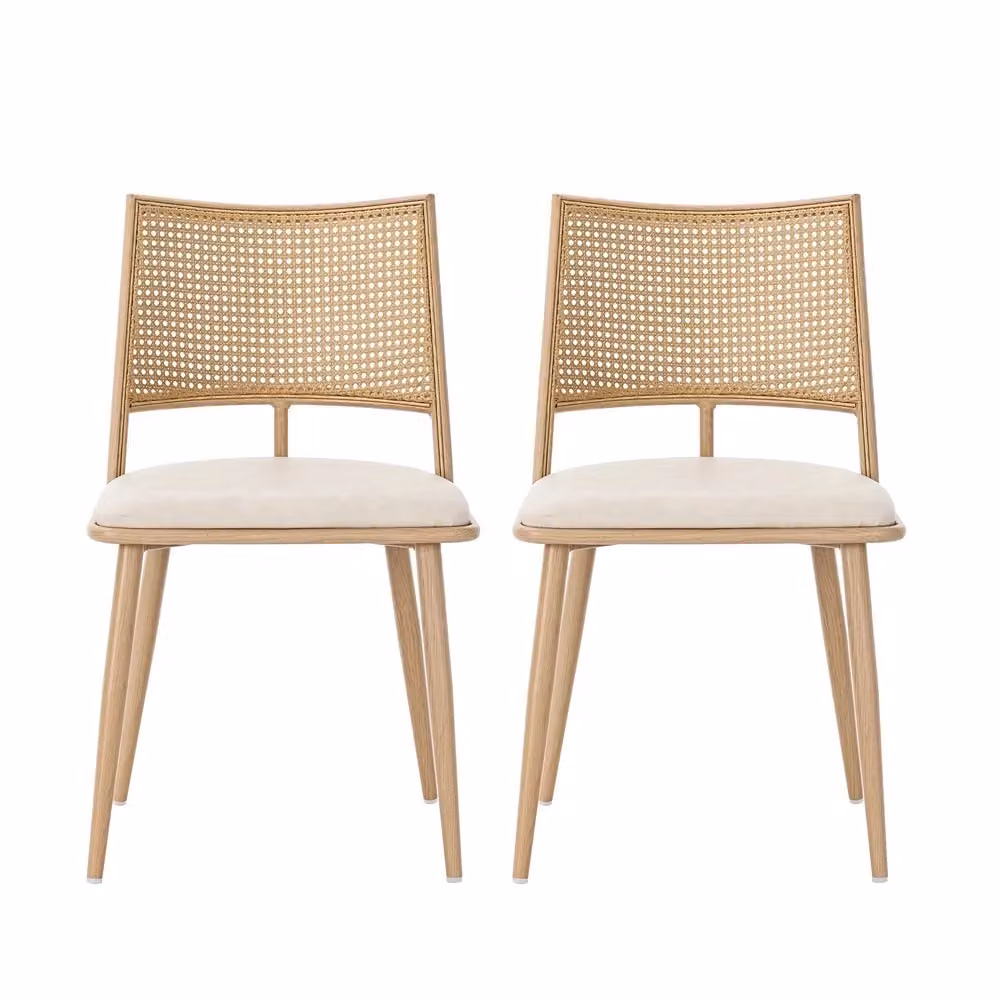 Set di 2 sedie da pranzo Minimal beige con rivestimento in similpelle e schienale in rattan – 2