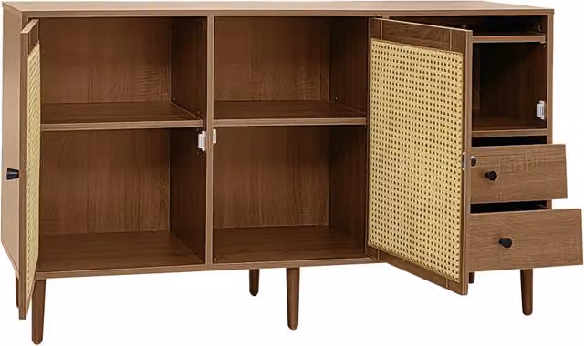 Sideboard in stile country con ante in rattan 130x75,5x40 cm con ante magnetiche e ripiani regolabili