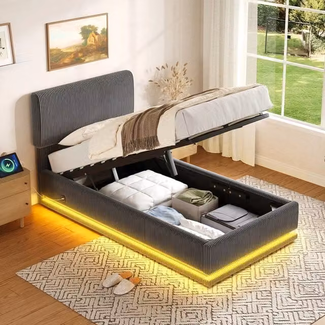Letto Imbottito con LED, USB-C, Testiera Regolabile e Contenitore ¨C MINIMAL ¨C Velluto a Coste, 90x200, Grigio