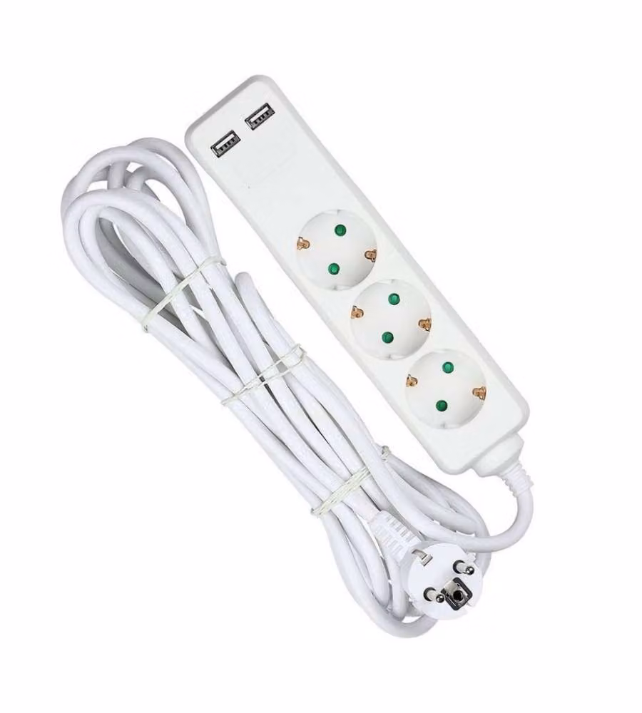Multipresa con Cavo 5mt 3 Prese 10A 2P + Shuko 2 USB e Interruttore Luminoso Spina Shuko Colore Bianco