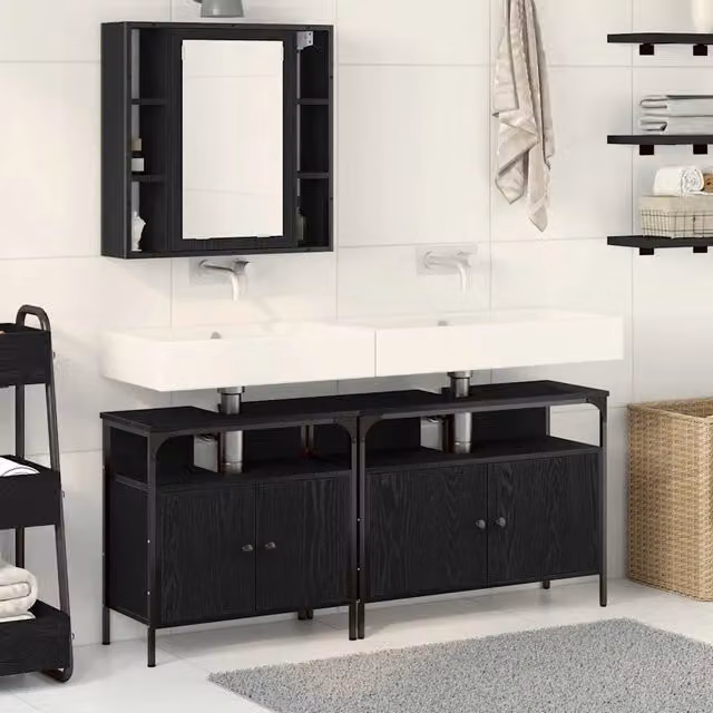 Set da bagno vidaXL composto da mobile lavabo e armadietto con specchio nero opaco in MDF e vetro, L 80 cm x P 30 cm x H 60 cm – 1