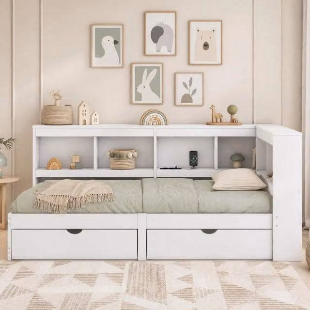 Divano letto daybed 90x200 cm con 2 cassetti; prese e 2 porte USB; bianco
