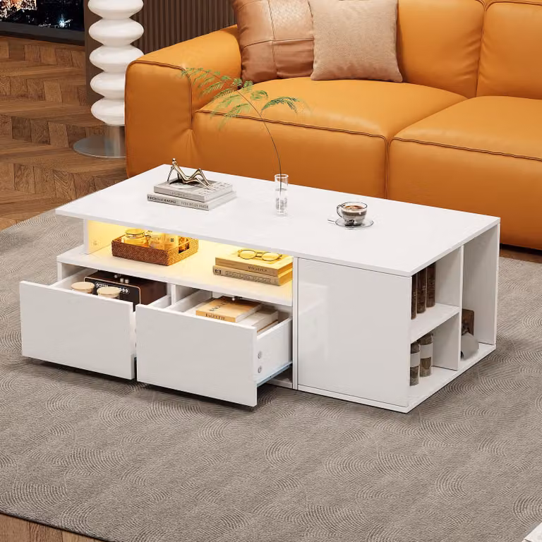Tavolino da tè Sweiko 100x50x35cm con LED, tavolino da salotto, tavolino da divano con 2 cassetti, tavolino con portata totale di 60kg, tavolino da salotto bianco con ampio spazio di archiviazione