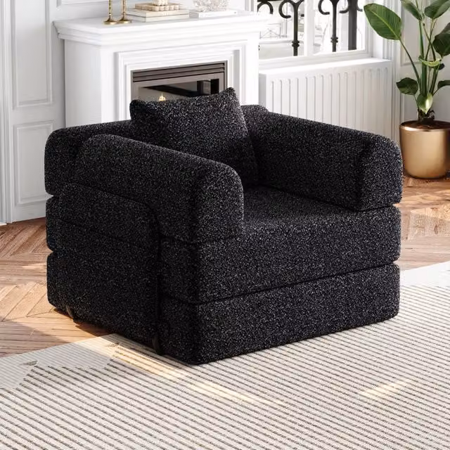 Poltrona letto 2 in 1 MIVRAY in ciniglia nera con braccioli contenitore e struttura in metallo