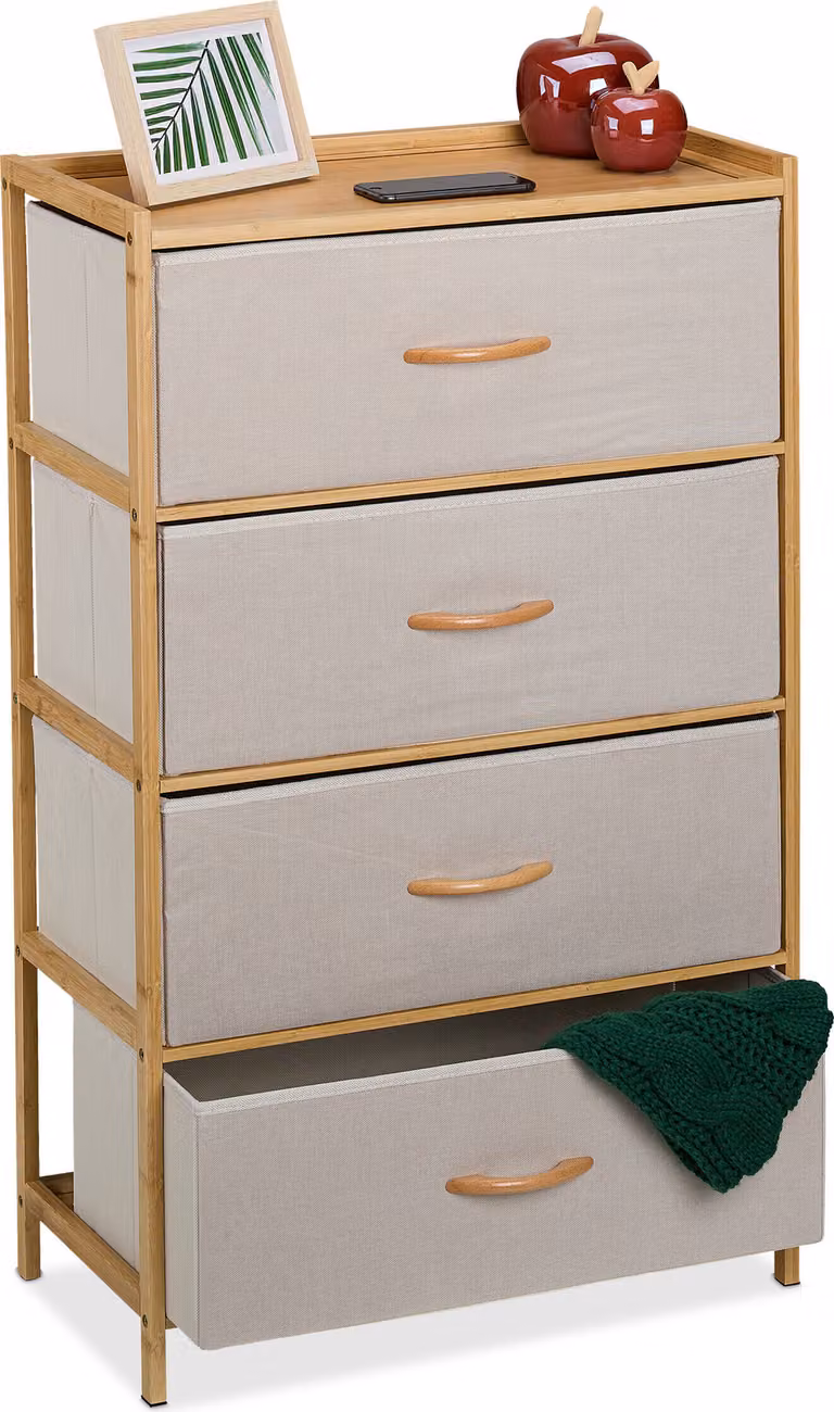 Comodino Relaxdays, bambù, 4 cassetti rivestiti in tessuto, ingresso, camera da letto, L x P x A 94 x 58 x 32,5 cm, cassettiera, naturale/beige