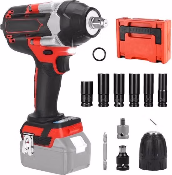 Chiave a impulsi a batteria 1000 Nm 18 V compatibile con Makita, attacco 1/2 pollici, colore rosso, con 6 bussole per cambio gomme (senza batterie)