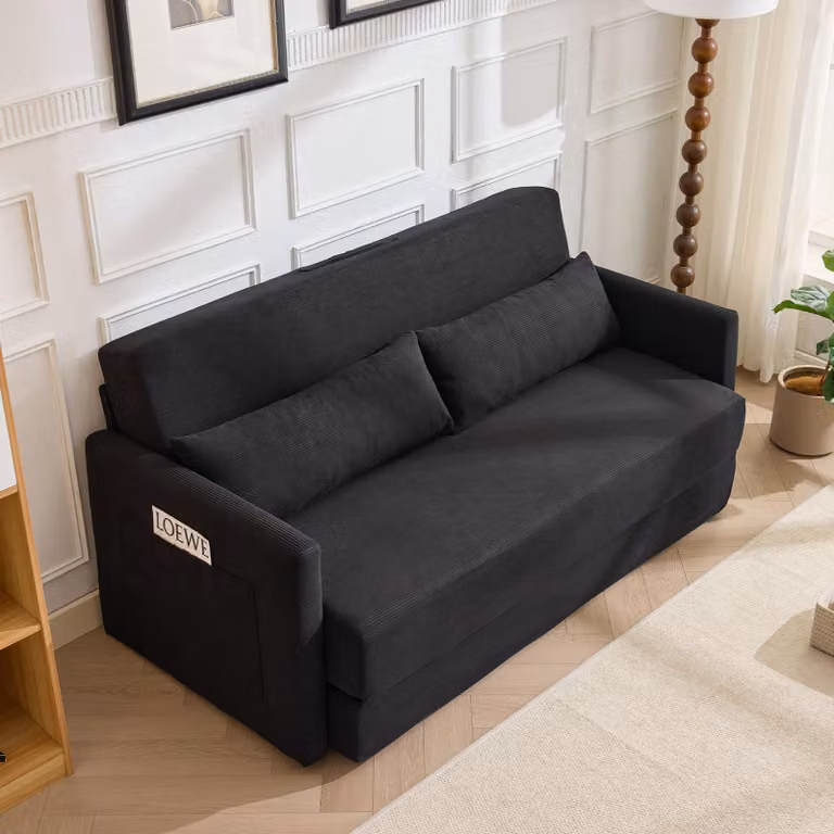 MODFU: Divano modulare, poltrona relax con due cuscini lombari, divano a due posti, divano pieghevole 2-in-1, divano da soggiorno con tasche per riviste, colore nero