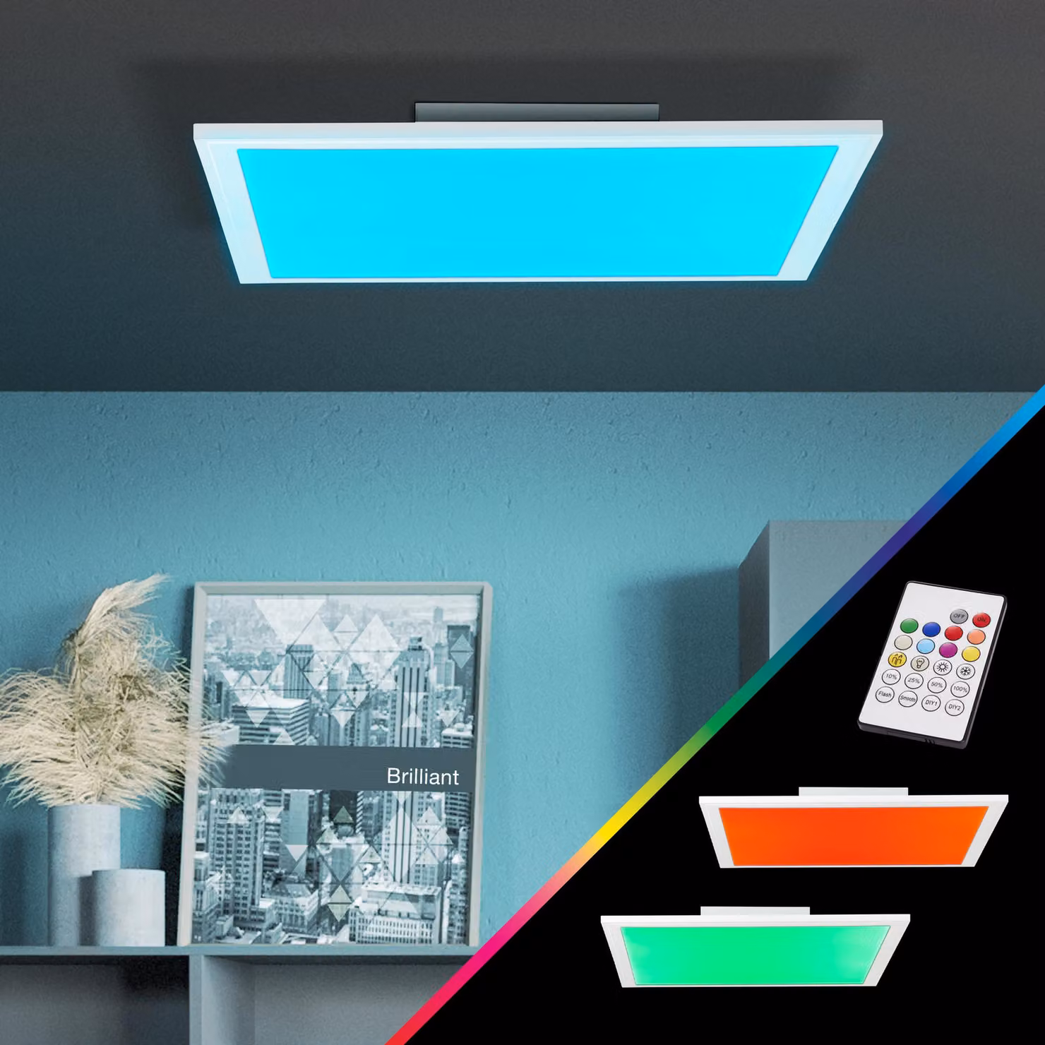 BRILLANTE plafoniera a LED Abie con cambio colore RGB controllabile da telecomando | 40x40cm | 24 Watt | 2400 Lumen | 2700-6500 Kelvin | metallo/plastica | bianco