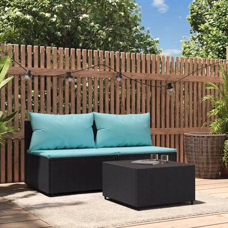 Set da giardino moderno vidaXL composto da divano a 2 posti, tavolino da caffè e cuscini in blu e nero con struttura in metallo e rattan