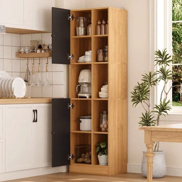 Mobile angolare alto ULEVR 50x35,5x170 cm con 6 ripiani aperti, 2 ante e ripiani regolabili, nero e naturale