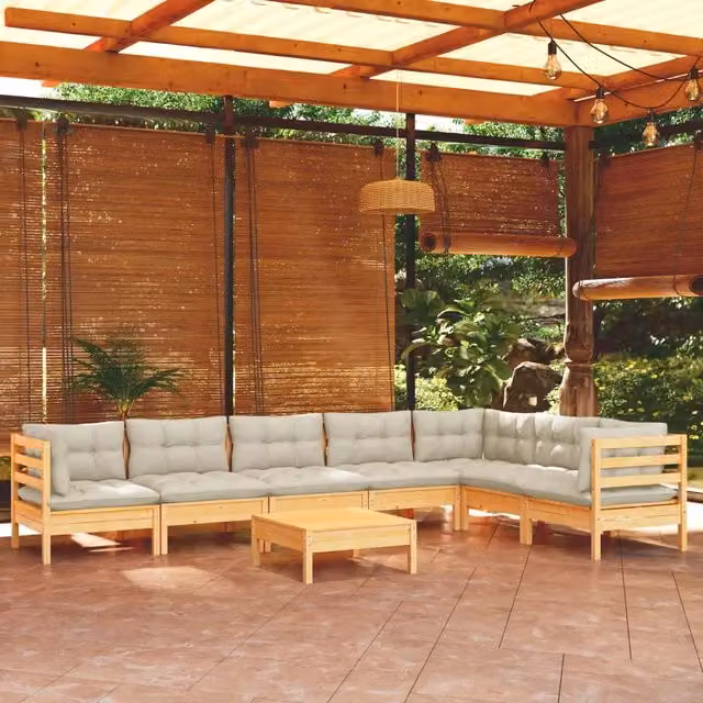Set Divani da Giardino 8 pz con Cuscini Crema Massello di Pino 3096701