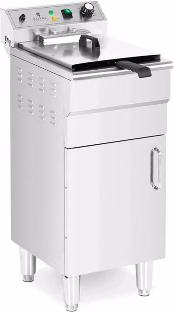 Friggitrice elettrica professionale Royal Catering in acciaio inox color argento con zona fredda, rubinetto di scarico e display analogico, capacità 13 litri, 5000 W