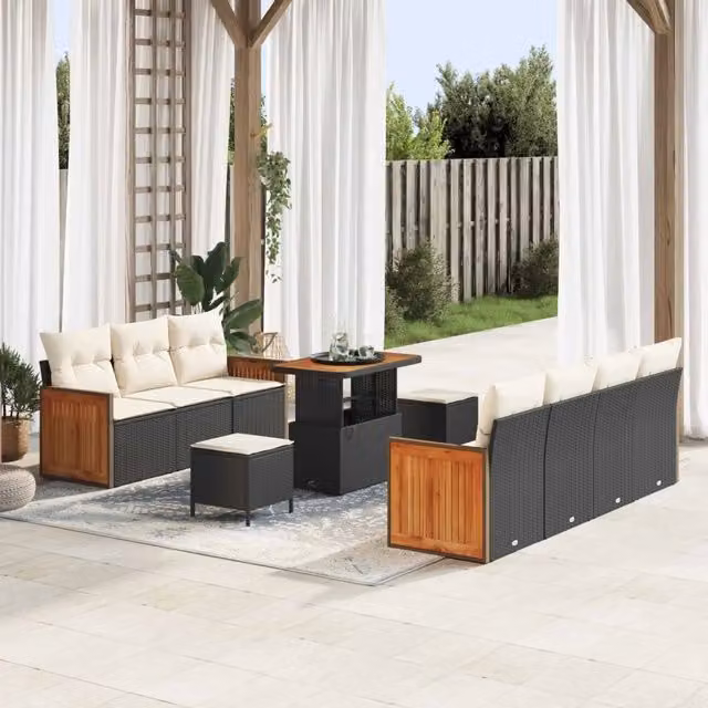 Set Divano da Giardino 10 pz 9-Numero di posti Nero e Crema 3363140