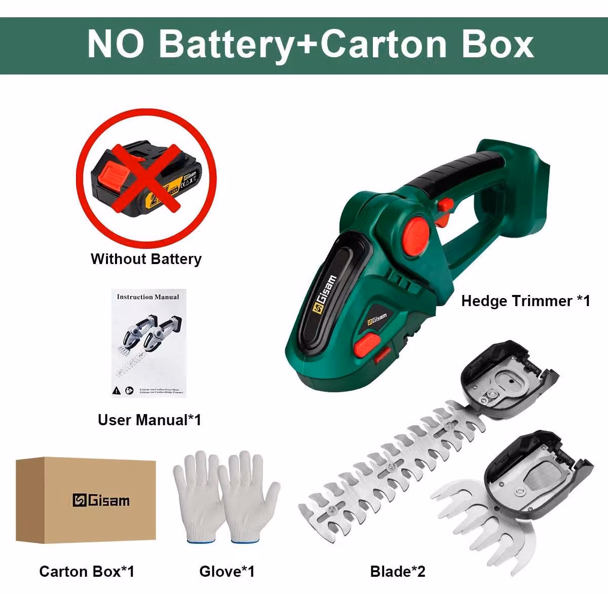 Tagliasiepi e cesoie da giardino 2 in 1 - Senza fili - Lama da 22 cm - Doppio taglio - Compatibile con 18 V - Senza batteria - Verde