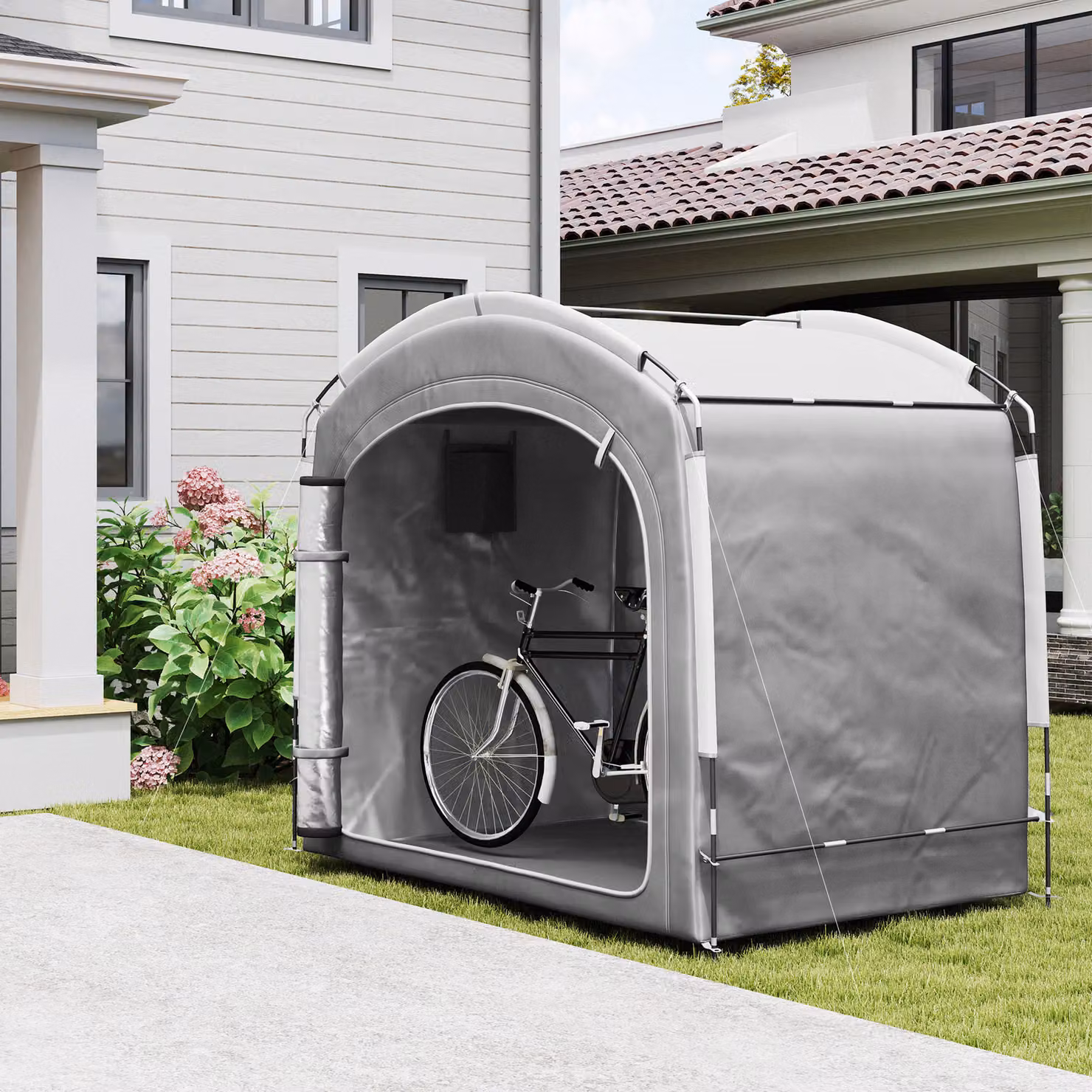 Tenda rifugio portatile per 3-4 biciclette Outsunny con 2 tasche laterali, grigio scuro, L: 205 cm, P: 140 cm, H: 188 cm – 2