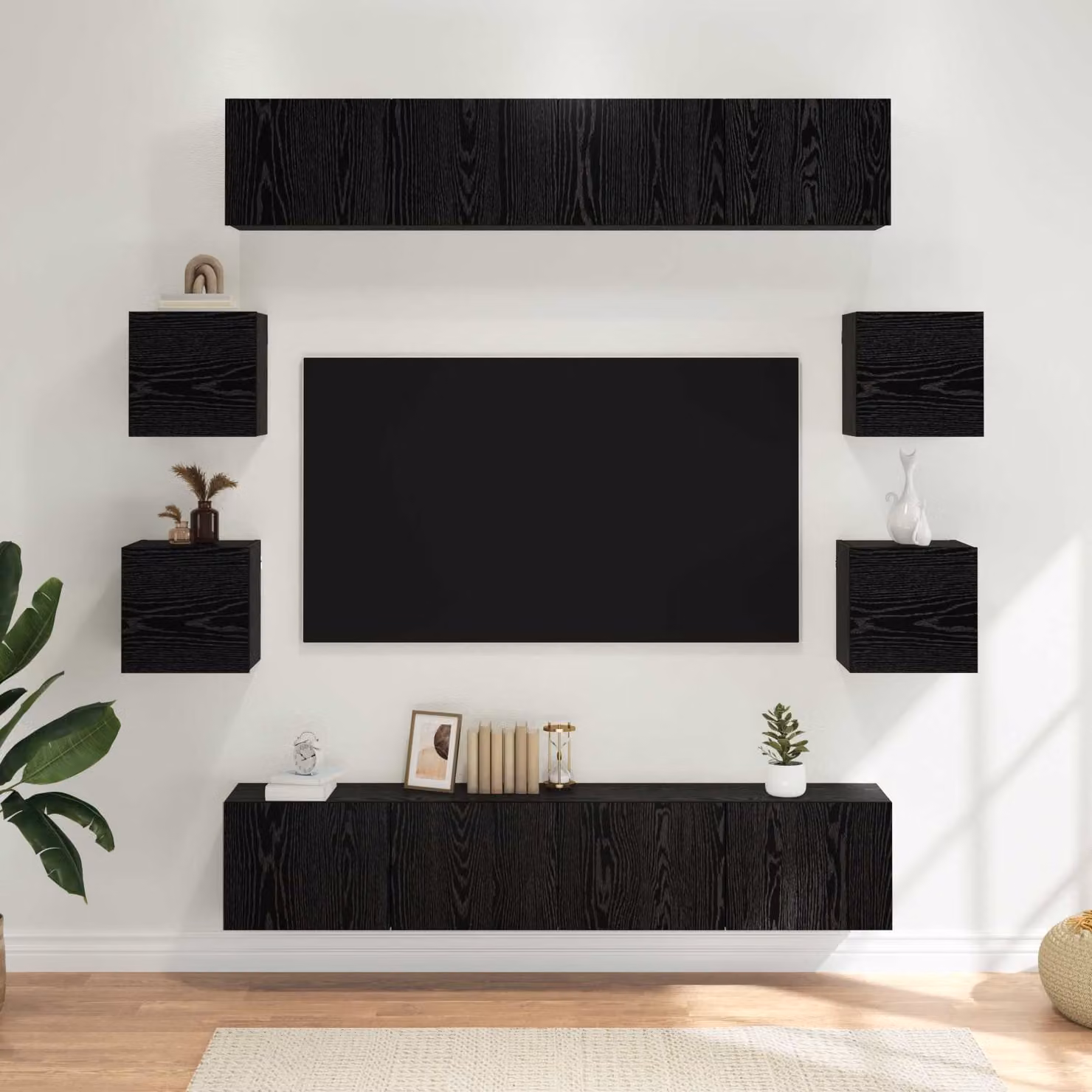 Set mobile TV moderno vidaXL in 8 pezzi, colore nero e rovere, in legno ingegnerizzato MDF per soggiorno