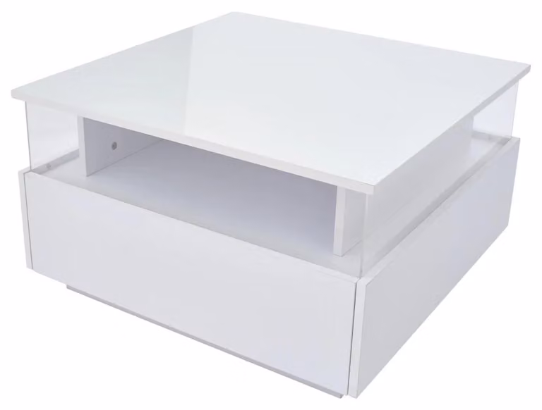 Tavolino da caffè - Design moderno con illuminazione LED - Superficie lucida - 2 cassetti - Area espositiva trasparente - Portata massima: 30 kg - Dimensioni: 70 x 70 x 41 cm - Bianco